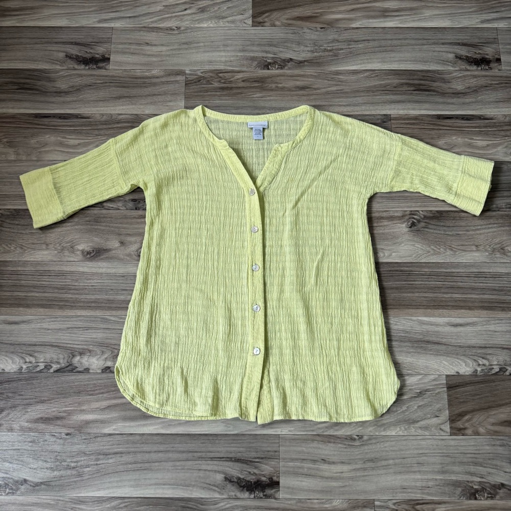 Soft Surroundings Chartreuse Linen Cotton Blend Crinkled Gauze Button Up Shirt M